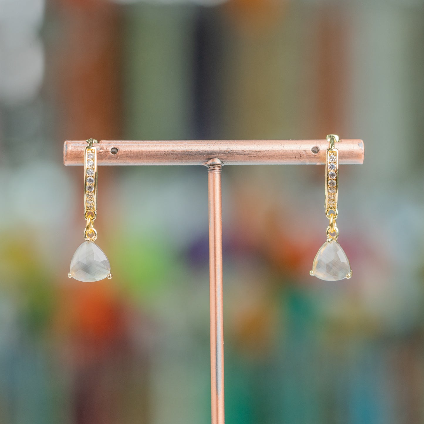 Bronze Closed Hoop Earrings With Zirconia And 9x26mm Golden Gray Cat's Eye Triangle Pendant