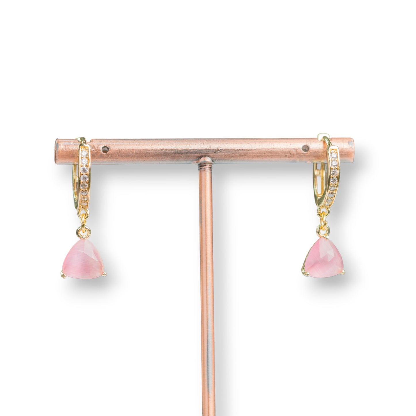 Bronze Closed Hoop Earrings With Zirconia And 9x26mm Cat's Eye Triangle Pendant Rose Gold