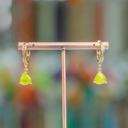 Bronze Closed Hoop Earrings With Zirconia And 9x26mm Green Gold Cat's Eye Triangle Pendant