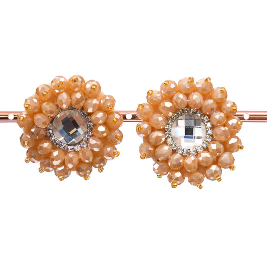 Crystal Elegance Clip Earrings with Peach AB Cabochon - A Touch of Sophistication
