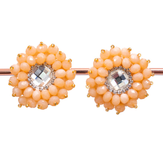 Elegant Clip Earrings with Faceted Crystals and Central Cabochon – Refined Peach Style
