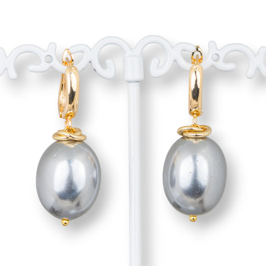 Elegant Gold-Plated Bronze Earrings with 15x40mm Grey Mallorca Pearl Pendant