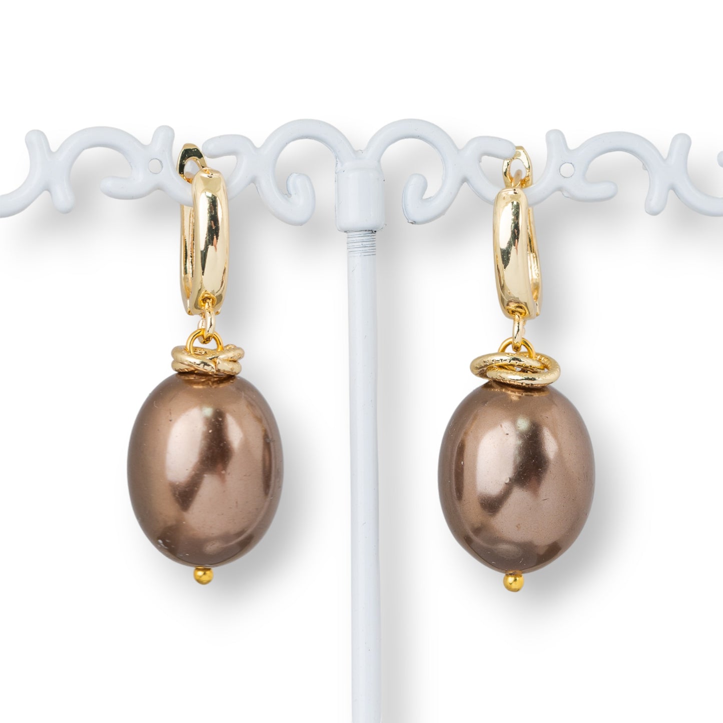 Bronze Closed Monachella Earrings With 15x40mm Mallorca Pearl Pendant Gold Brown