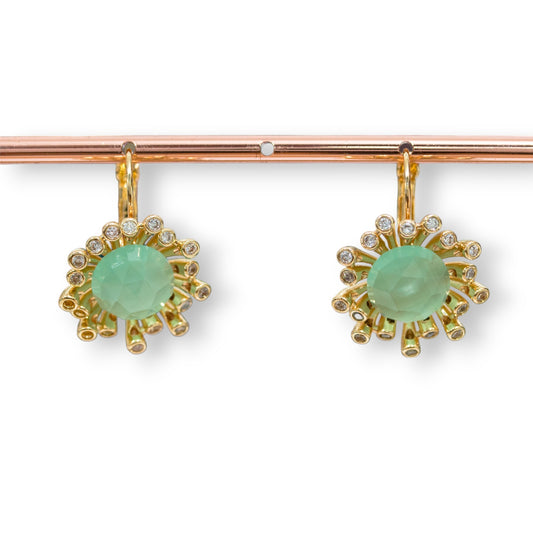 Bronze Closed Earring with Zirconia and Cat's Eye 22x29mm Gold and Aqua Green