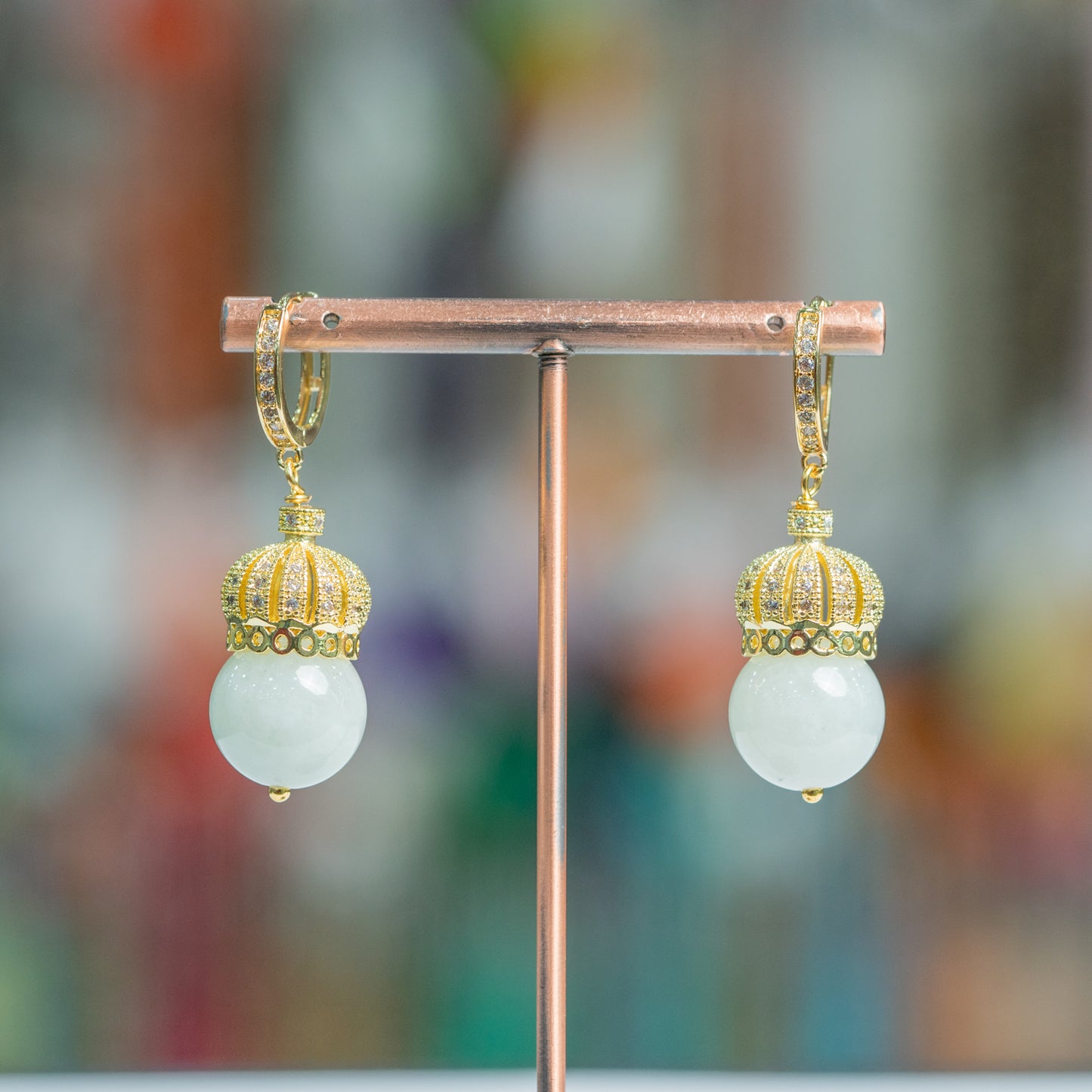 Brass Closed Earring with Brass Crown and 14x42mm Hard Stones Gold Aquamarine