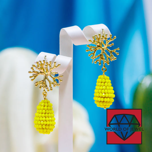 Elegant Bronze Earrings with Coral and Yellow Crystals - A Touch of Sophistication