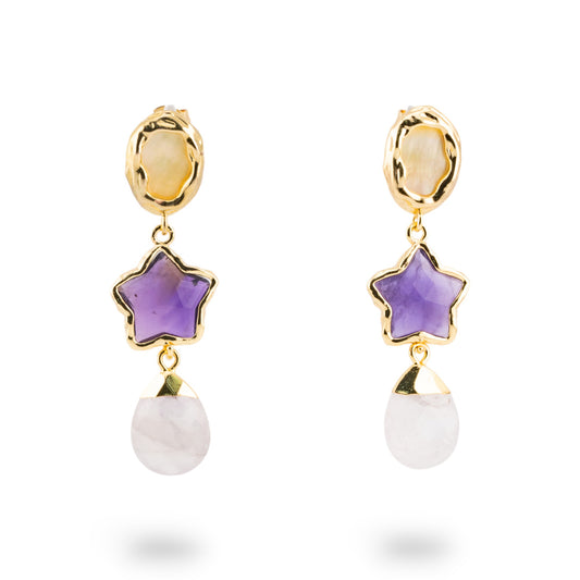 Bronze Monachella Earrings with Purple Star Shape CZ Crystal Cabochon - Elegance and Brilliance