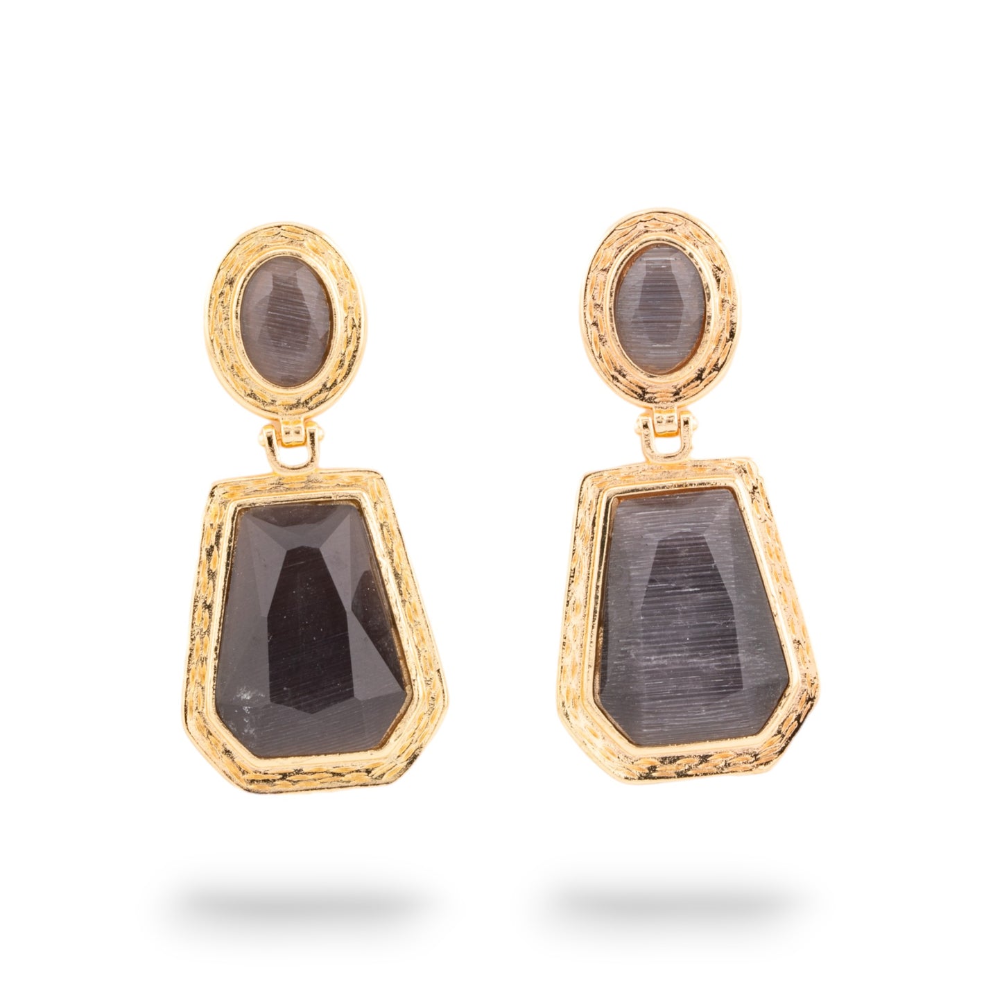 Bronze CZ Crystal Cabochon Earrings Gold Grey