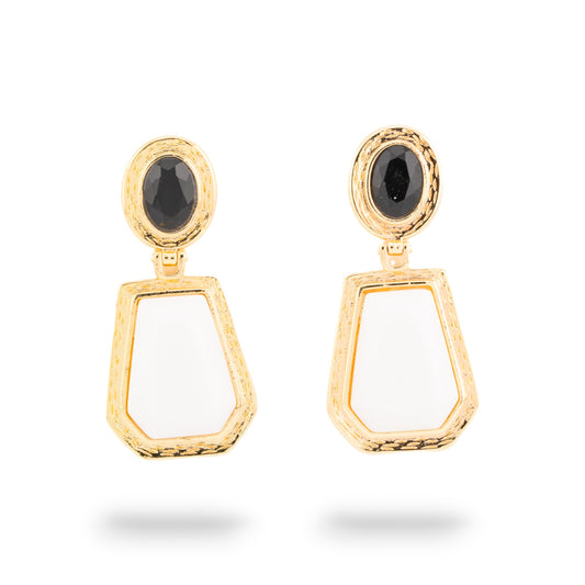 Bronze CZ Crystal Cabochon Earrings Gold Black and White