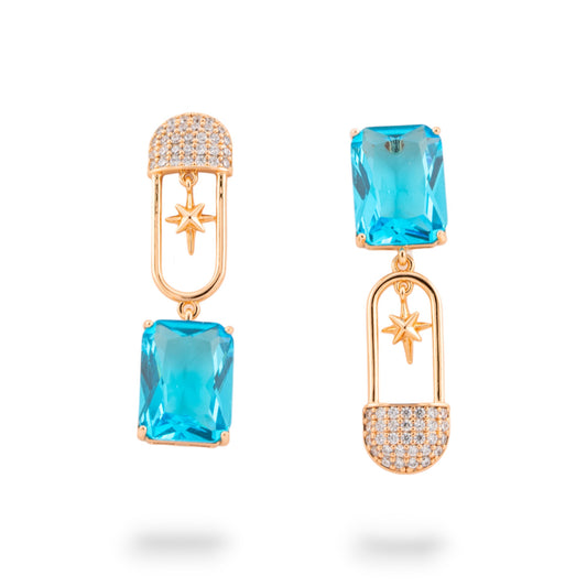 Bronze CZ Crystal Cabochon Earrings Rectangular Gold Star and Blue Stone