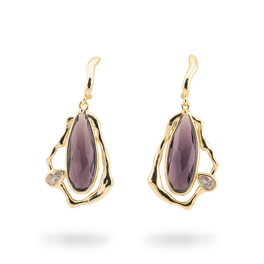 Bronze Monachella Earrings with CZ Crystal Cabochon - Purple Elegance
