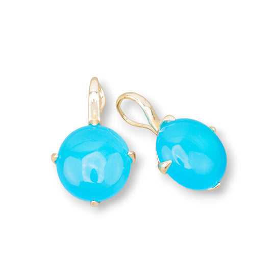 Bronze Monachella Earrings With Round Cabochon Set 16x28mm Gold Blue