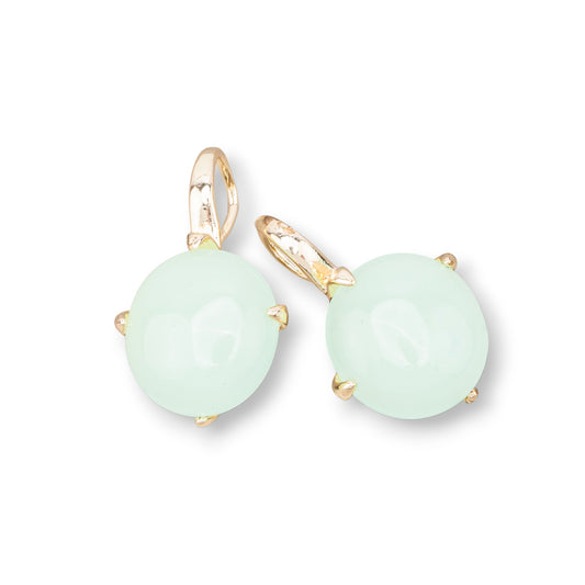 Bronze Monachella Earrings With Round Cabochon Set 16x28mm Gold Light Aqua Green