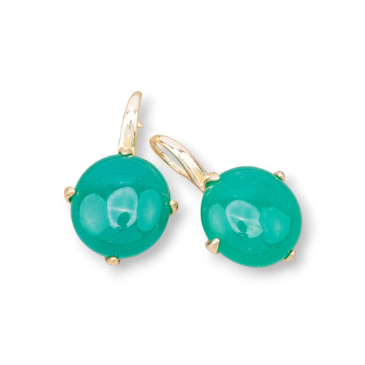 Bronze Monachella Earrings With Round Cabochon Set 16x28mm Gold Emerald Green