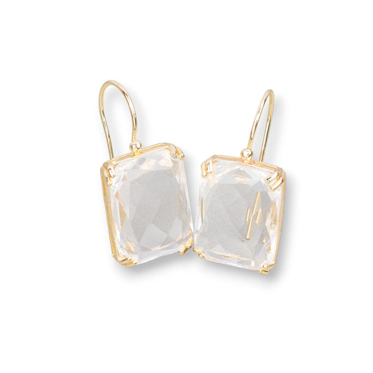 Bronze Earring with Crystals Rectangle Set 15x33mm Gold White Clear