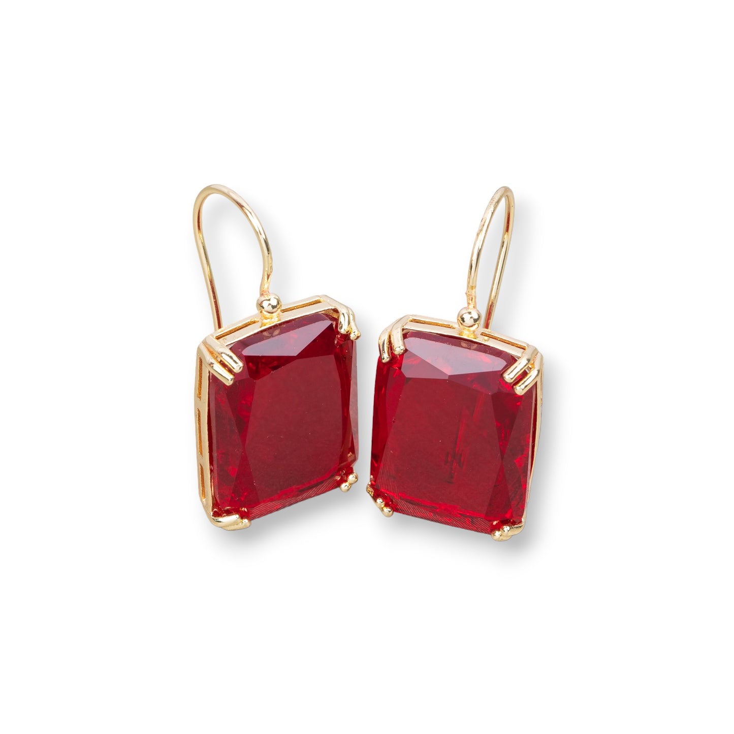 Bronze Earring with Crystals Rectangle Set 15x33mm Gold Red