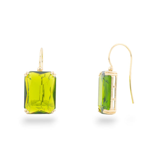 Bronze Earring with Crystals Rectangle Set 15x33mm Gold Green Peridot