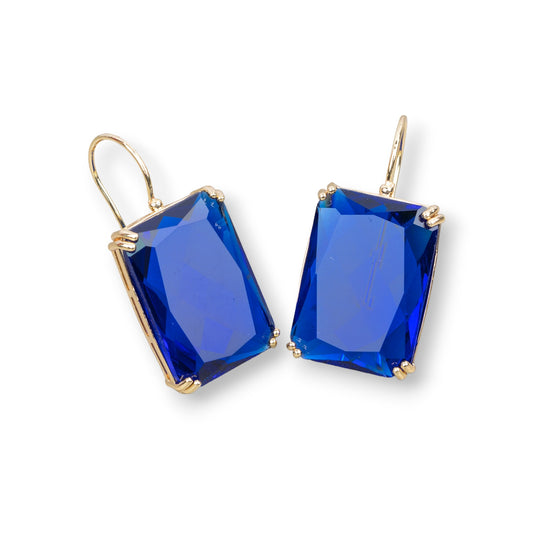 Bronze Earring with Crystals Rectangle Set 18x38mm Gold Blue