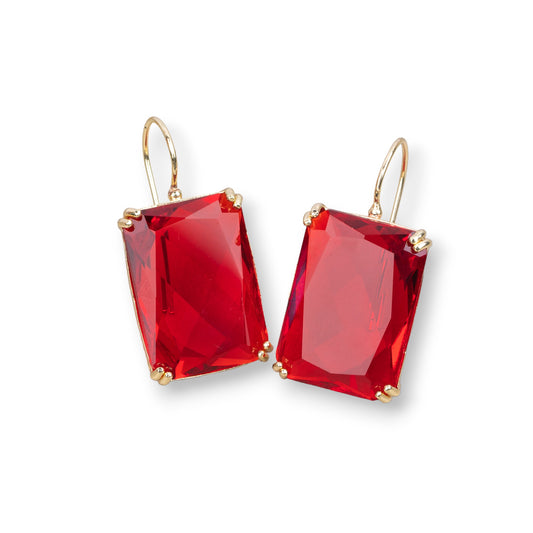 Bronze Earring with Crystals Rectangle Set 18x38mm Gold Red