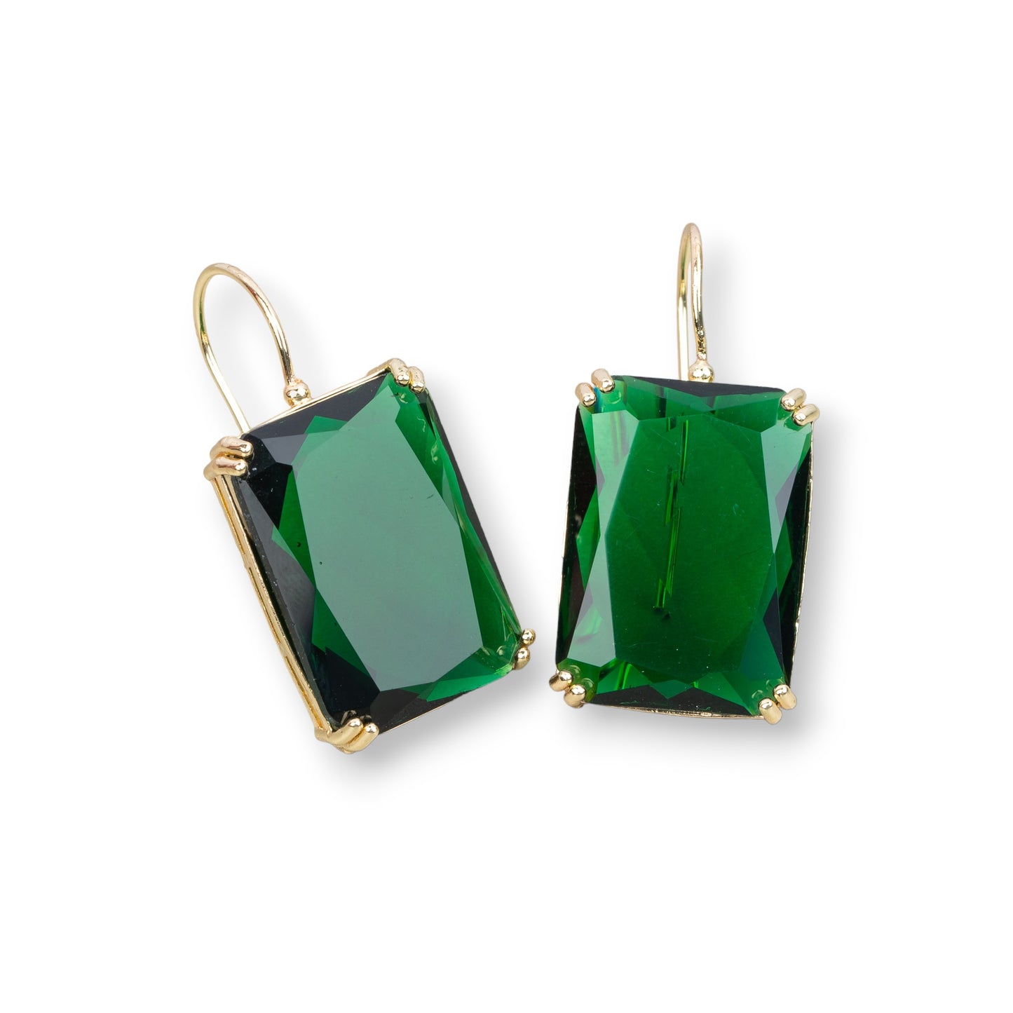 Bronze Earring with Crystals Rectangle Set 18x38mm Gold Emerald Green