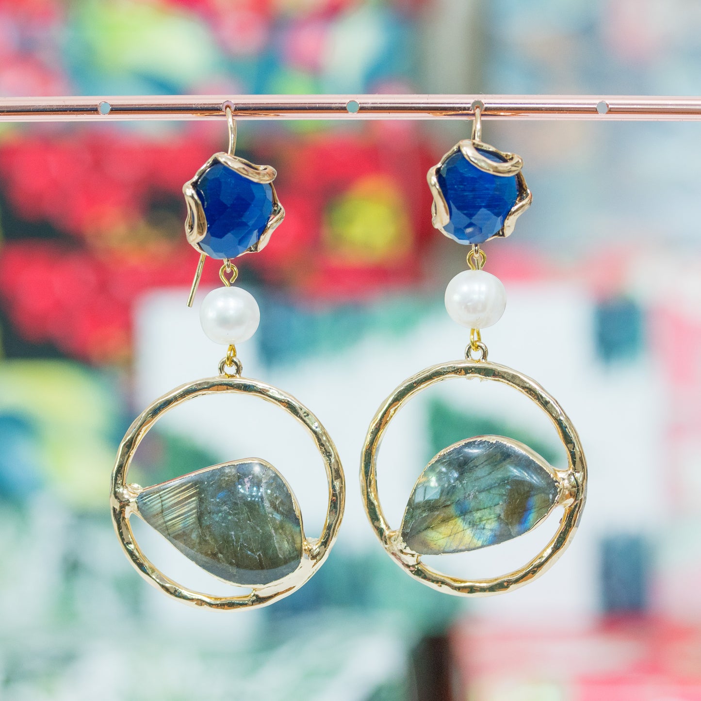 Bronze Monachella Earrings With Cat's Eye Elements And River Pearls With Druze And Blue Semi-Precious Stones