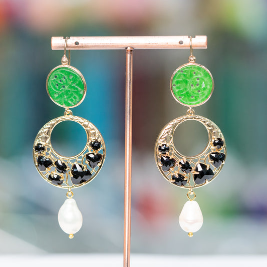 Natural Elegance Earrings: Bronze Earring with Burma Jade and Cat's Eye