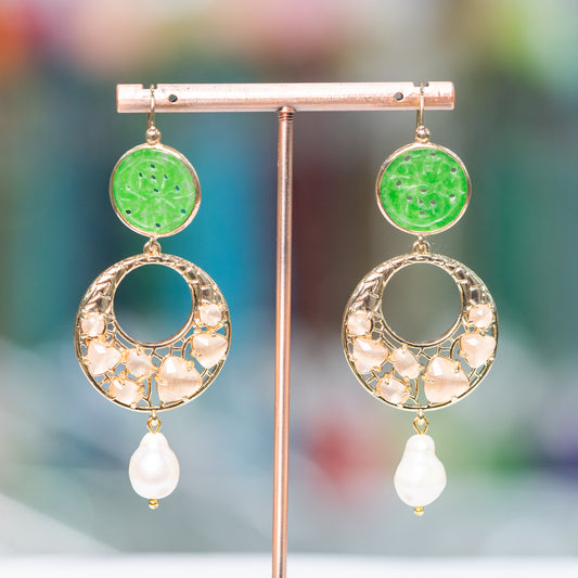 Natural Elegance: Bronze Earrings with Burma Jade and Cat's Eye