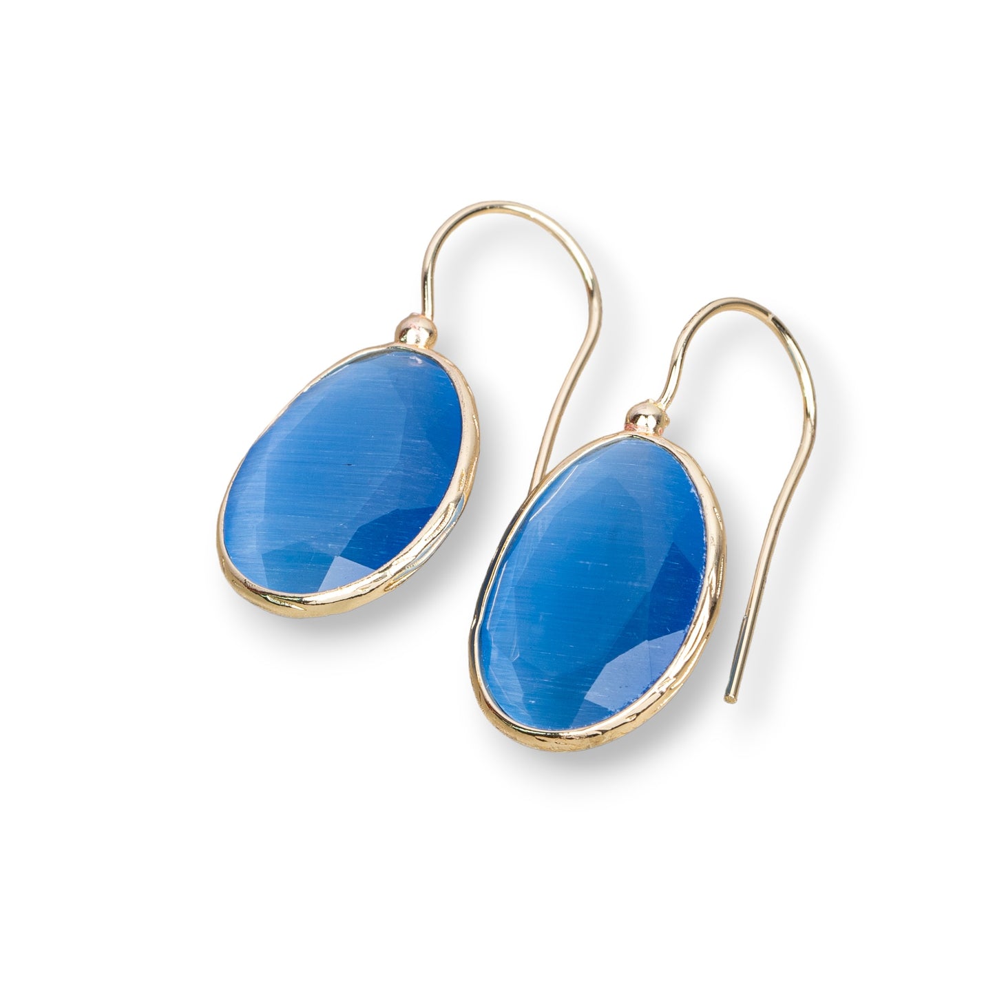 Bronze Cat Eye Mango Stud Earrings 14x30mm Gold Plated 1 Pair Blue