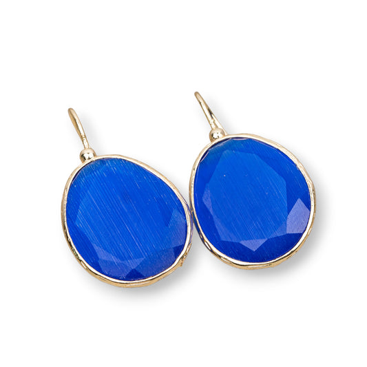 Bronze Cat Eye Mango Stud Earrings 18x36mm Gold Plated 1 Pair Electric Blue