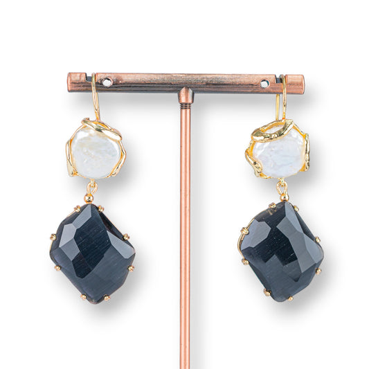 Bronze Monachella Earrings with Baroque Pearls and Cat's Eye Pendant - Unique Elegance