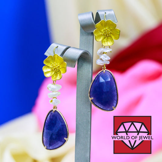 Monachella Earrings Natural Elegance with River Pearls and Blue Hard Stones