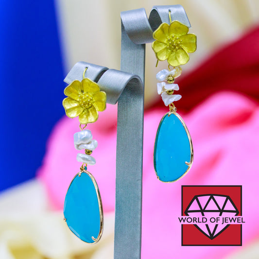 Natural Elegance: Bronze Earrings with River Pearls and Sky Blue Cabochons