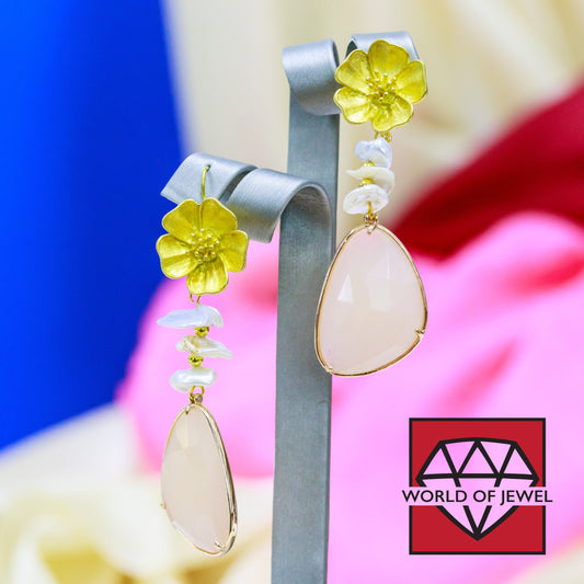 Natural Elegance Earrings: Bronze, River Pearls and Cabochons of Hard Stones Peach