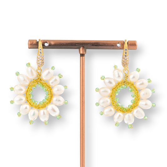 Light Green Elegance Monachella Earrings: River Pearls and Zirconia