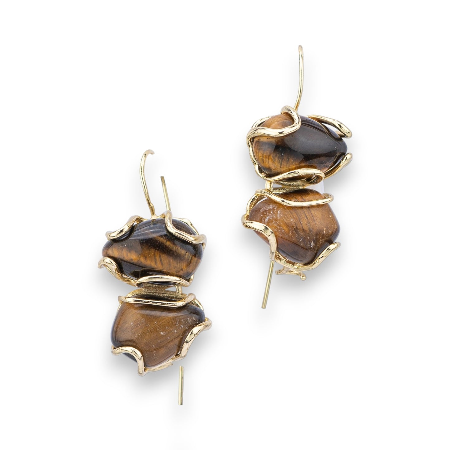 Bronze Ear Stud Earrings With 17x35mm Golden Tiger Eye Gemstone