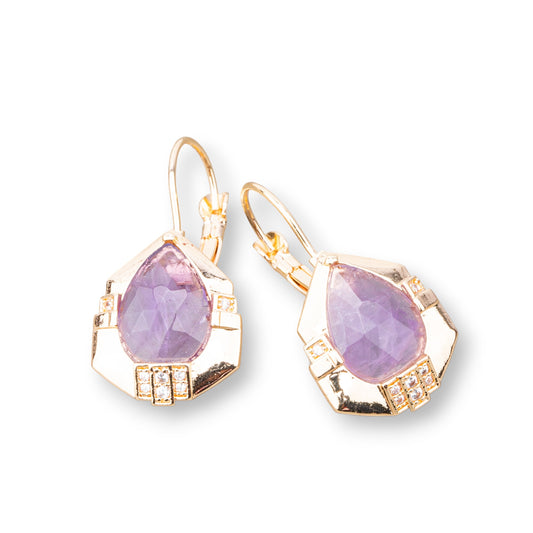 Bronze Earring Studs with Gemstones 16x32mm Gold Amethyst