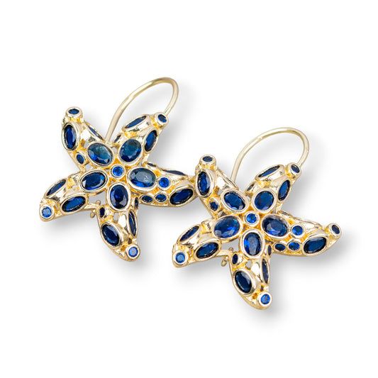 Bronze Starfish Stud Earrings With Zirconia Set 25x35mm Gold Sapphire Blue