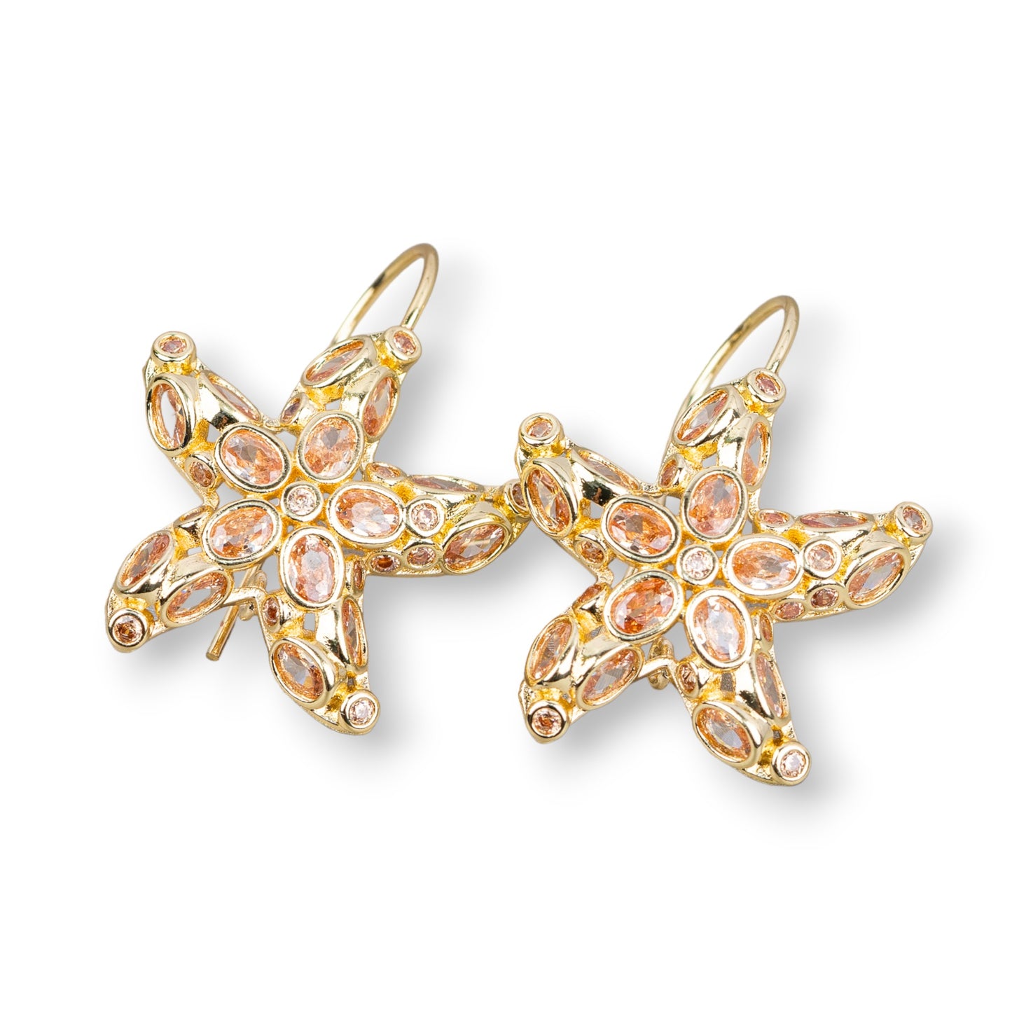 Bronze Starfish Stud Earrings With Zircons Set 25x35mm Champagne Gold