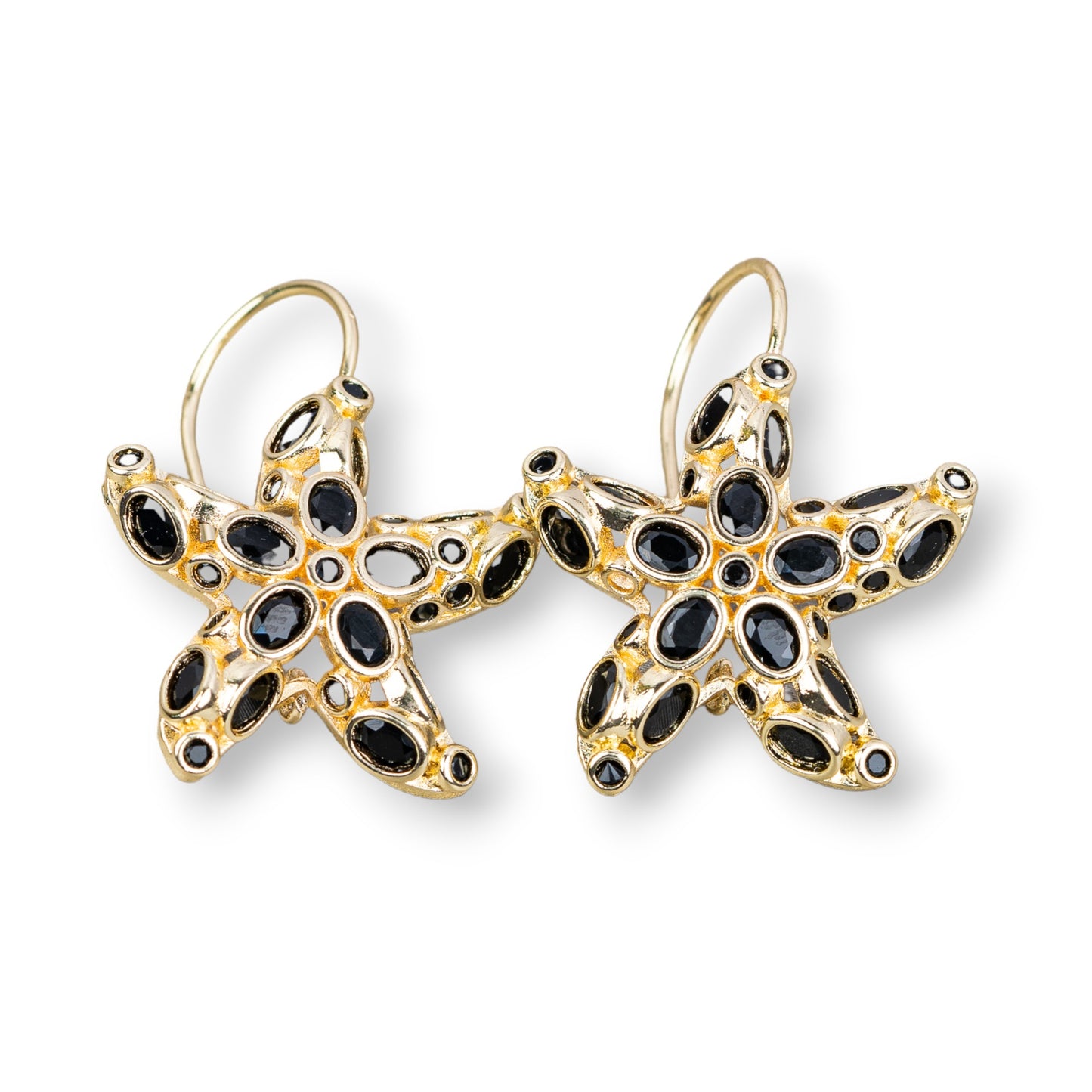 Bronze Starfish Stud Earrings With Zircons Set 25x35mm Jet Black Gold