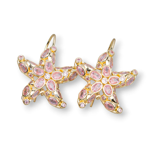 Bronze Starfish Stud Earrings With Zircons Set 25x35mm Rose Gold