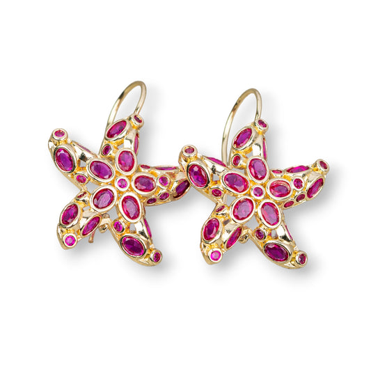 Bronze Starfish Stud Earrings With Zircons Set 25x35mm Gold Ruby Red