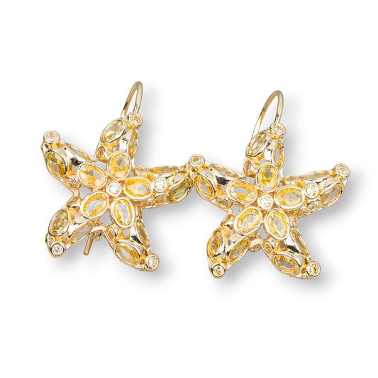 Bronze Starfish Stud Earrings With Zircons Set 25x35mm Gold Topaz