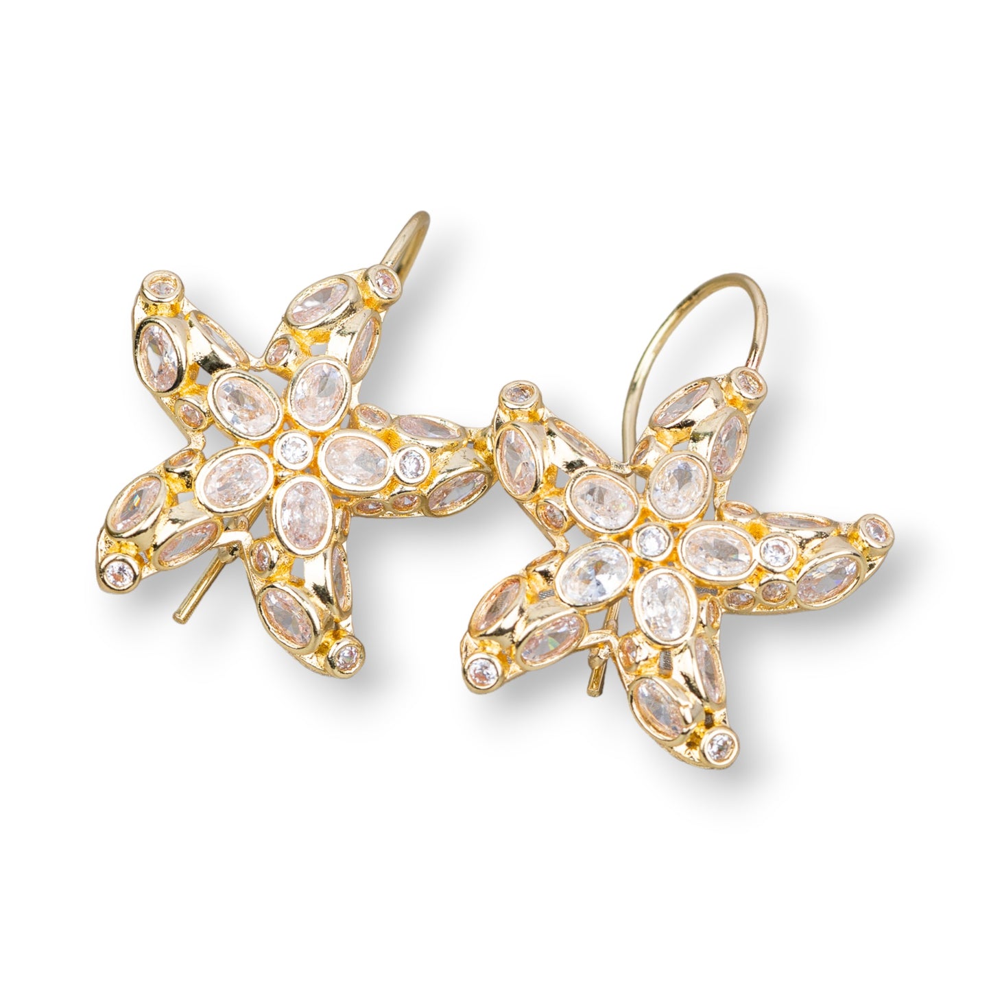 Bronze Starfish Stud Earrings With Zircons Set 25x35mm Gold Clear