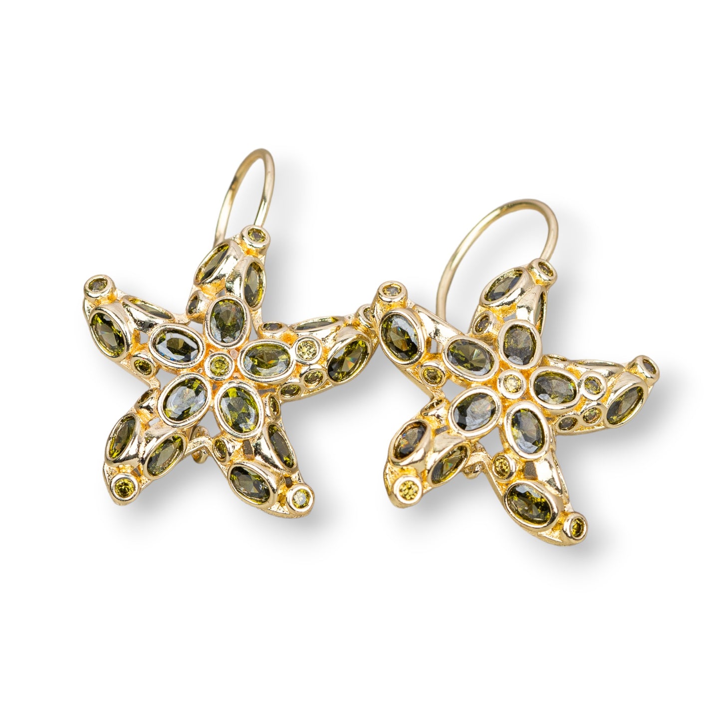 Bronze Starfish Stud Earrings With Zircons Set 25x35mm Gold Green Olivine