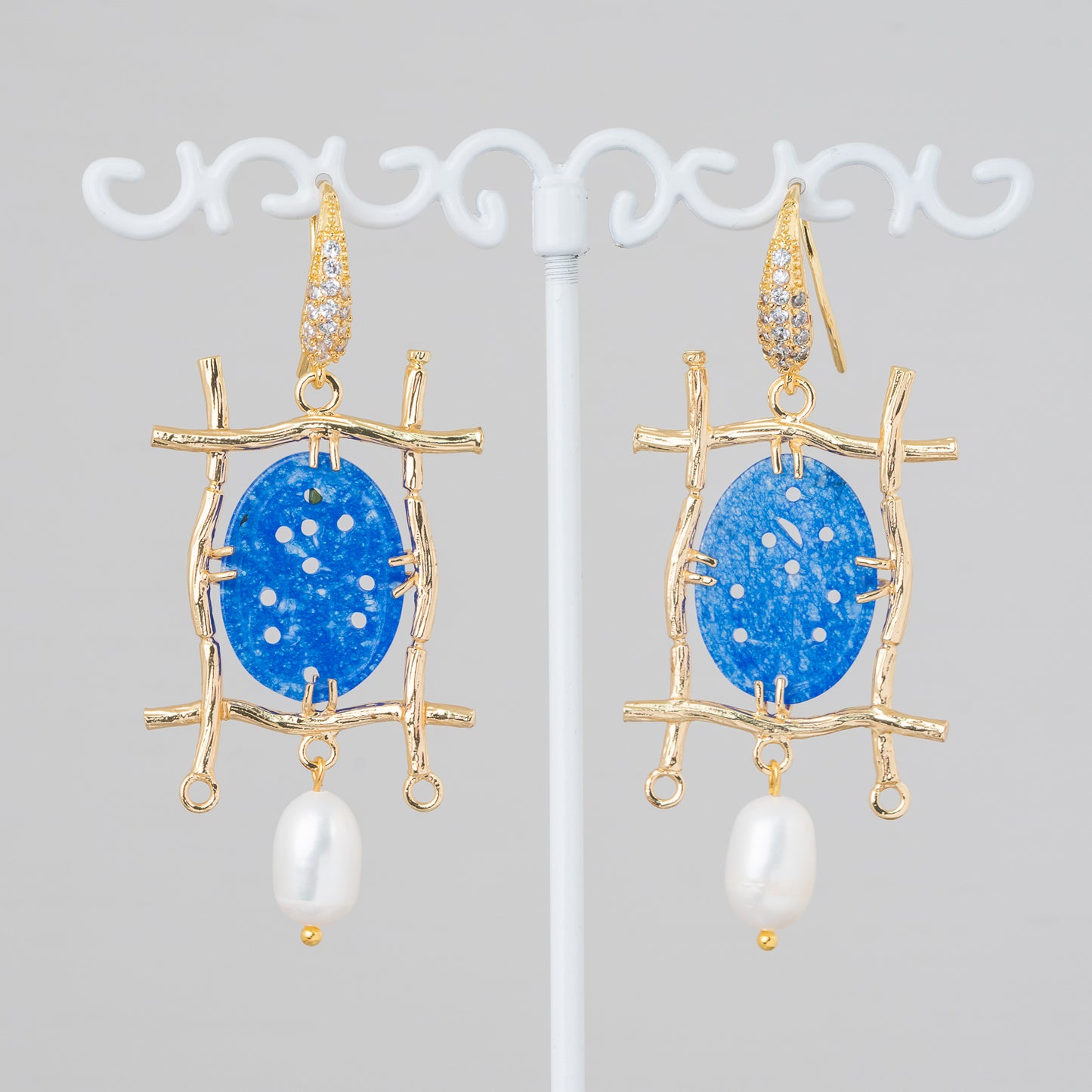 Bronze Earring with Rhinestone and Burma Jade Component with River Pearls 27x60mm Blue