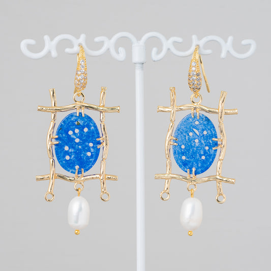 Bronze Earring with Rhinestone and Burma Jade Component with River Pearls 27x60mm Blue