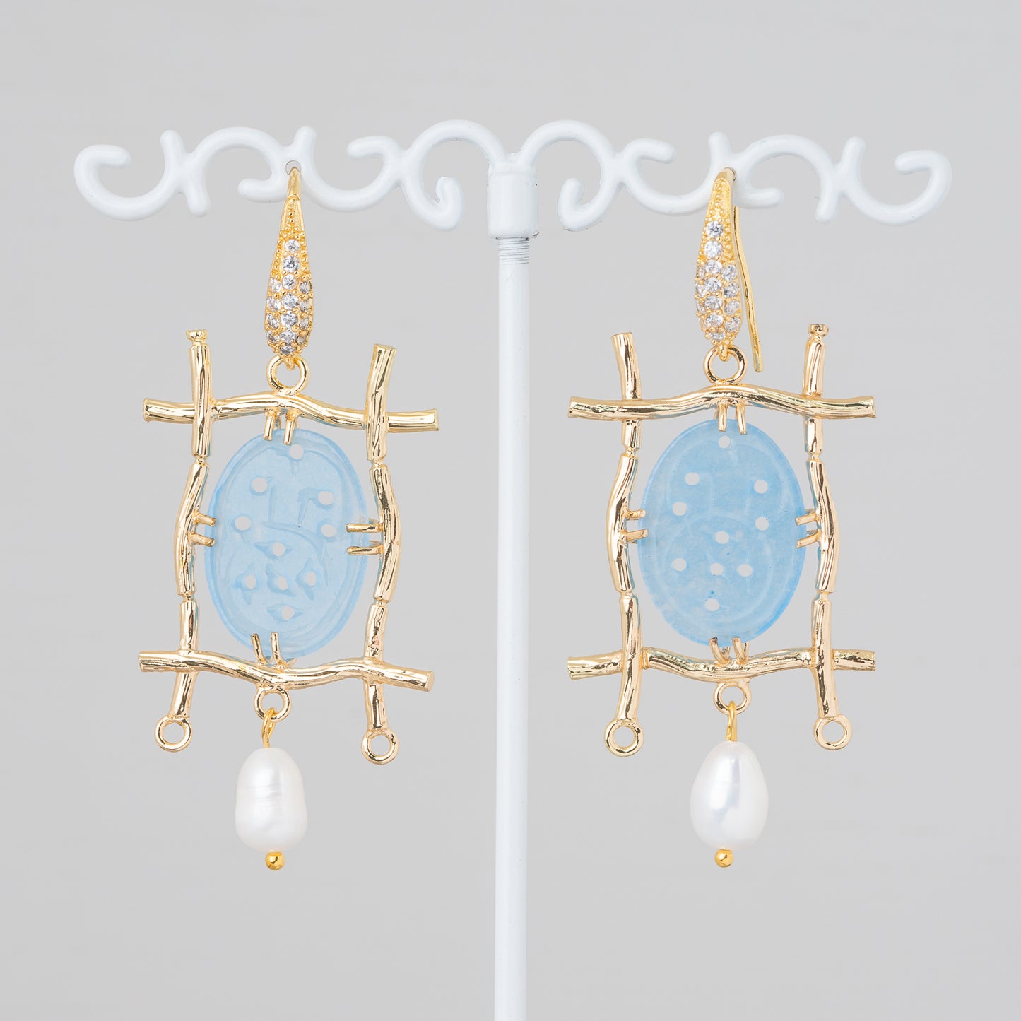 Bronze Monachella Earrings With Rhinestones And Burma Jade Component With River Pearls 27x60mm Light Blue