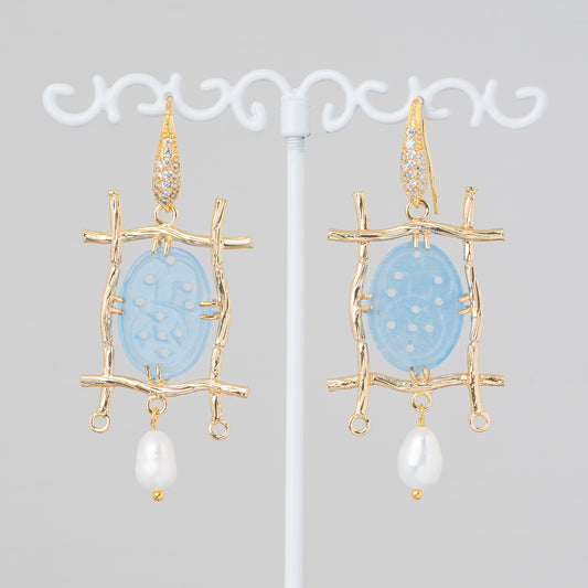 Bronze Monachella Earrings With Rhinestones And Burma Jade Component With River Pearls 27x60mm Light Blue