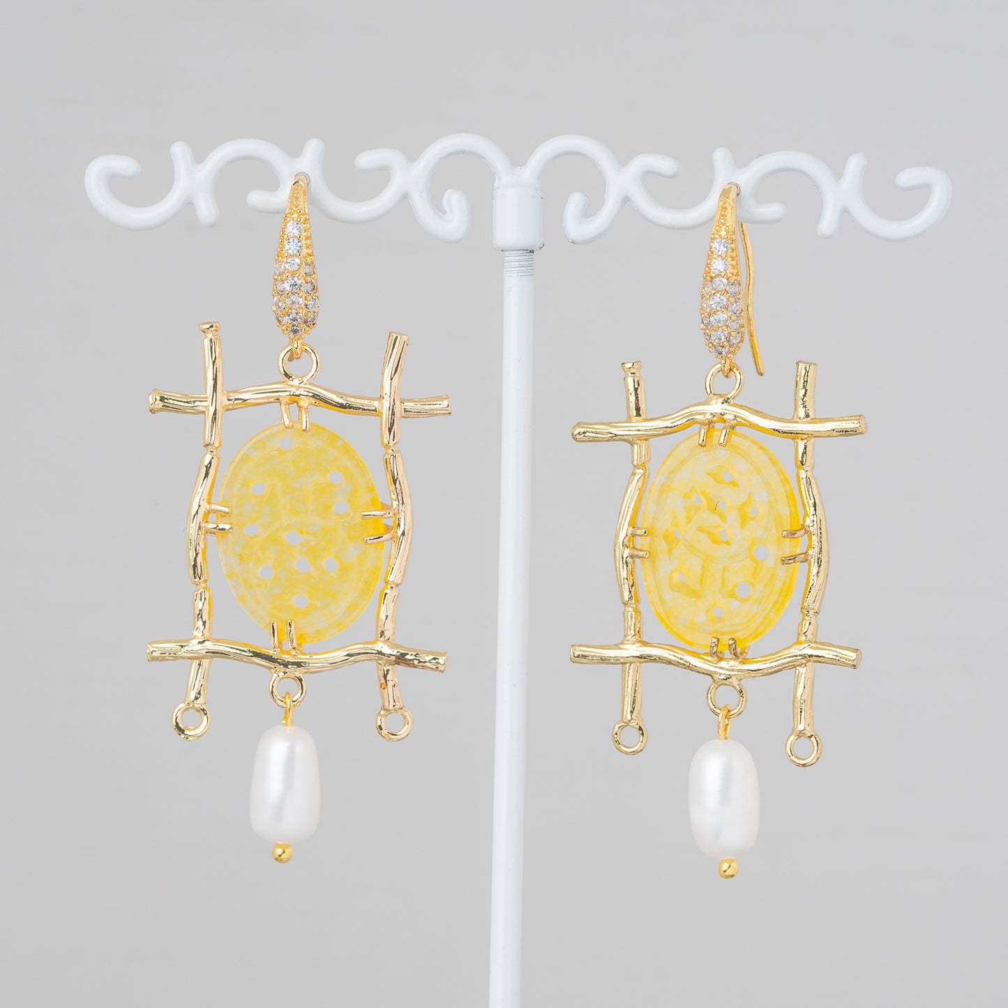 Bronze Monachella Earrings With Rhinestones And Burma Jade Component With River Pearls 27x60mm Yellow