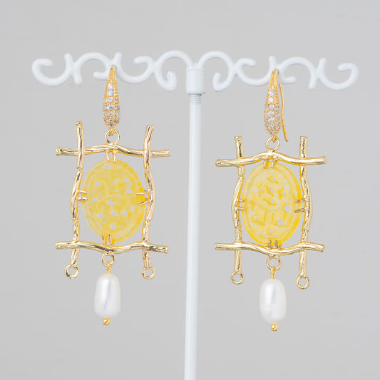 Bronze Monachella Earrings With Rhinestones And Burma Jade Component With River Pearls 27x60mm Yellow